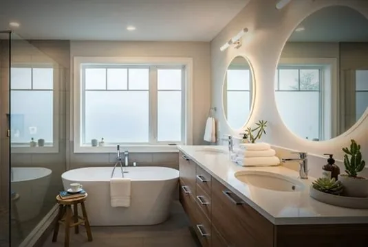Bright double-vanity bathroom after a full renovation