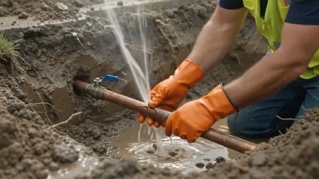 Burst copper water line spraying inside an open trench
