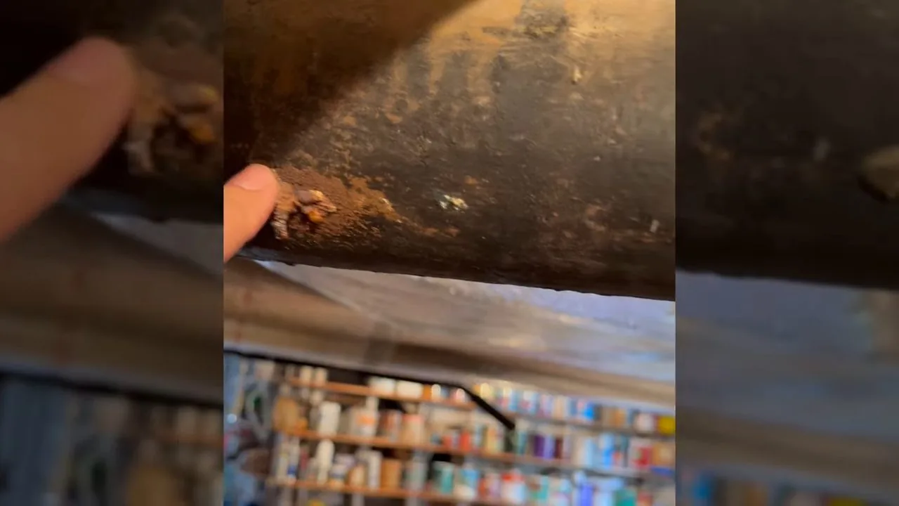 Corroded cast iron pipe visible inside a crawlspace