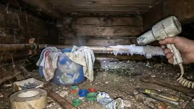 Warm air being directed along a frozen pipe to thaw it gradually
