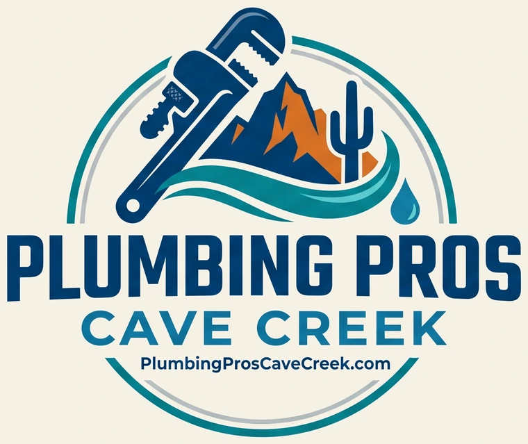Footer logo for Plumbing Pros Cave Creek, desert badge above the domain name